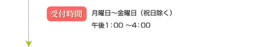 受付時間 月曜日~金曜日(祝日除く)午前10:00~12:00午後 午後 1:00~ 4:00